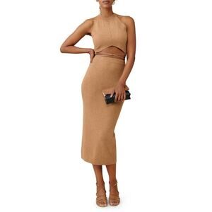 Reformation 'Renato' Tan Sleeveless Halterneck Two-Piece Cashmere Top & Midi